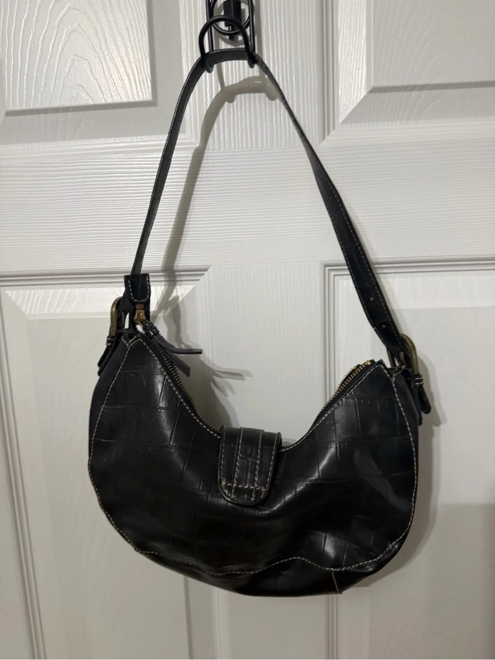 Nine West Black Leather Studded Shoulder Bag with Antiqued Gold Buckle